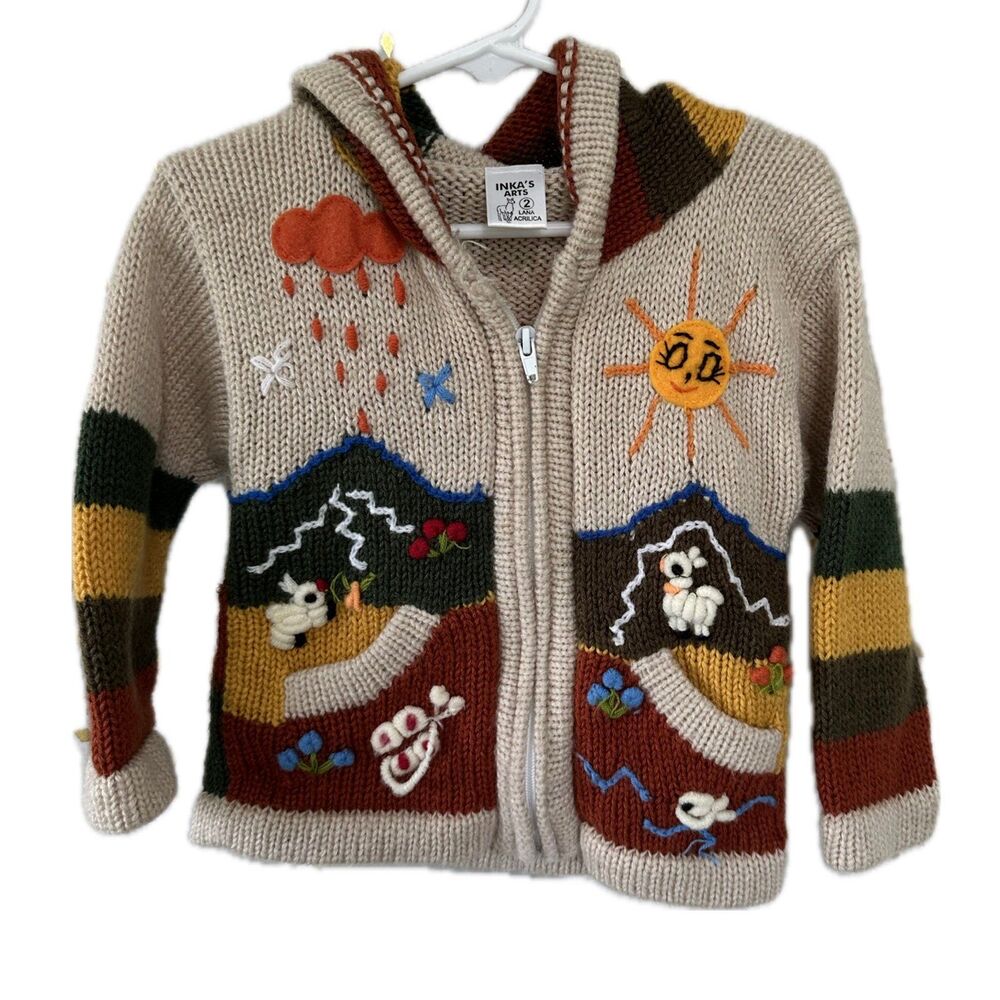Inka's Art Toddler's Peruvian Wool Blend Zip Up Hooded Arpillera Sweater 2
